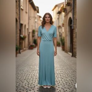 Soft Surroundings Janelle Aquatic Blue Pleated Metallic Knit Maxi Dress Large